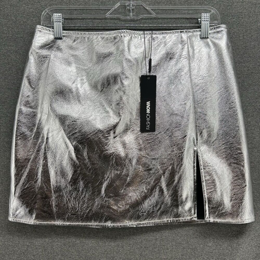 NWT Fashion Nova Womens XL Silver Metallic Mini Skirt Space Cosplay Rave Party